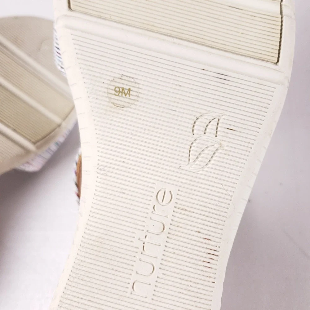 Nurture Womens 9M Multi Color Striped Leather Wedge Sandals Hook‎ Loop Strap